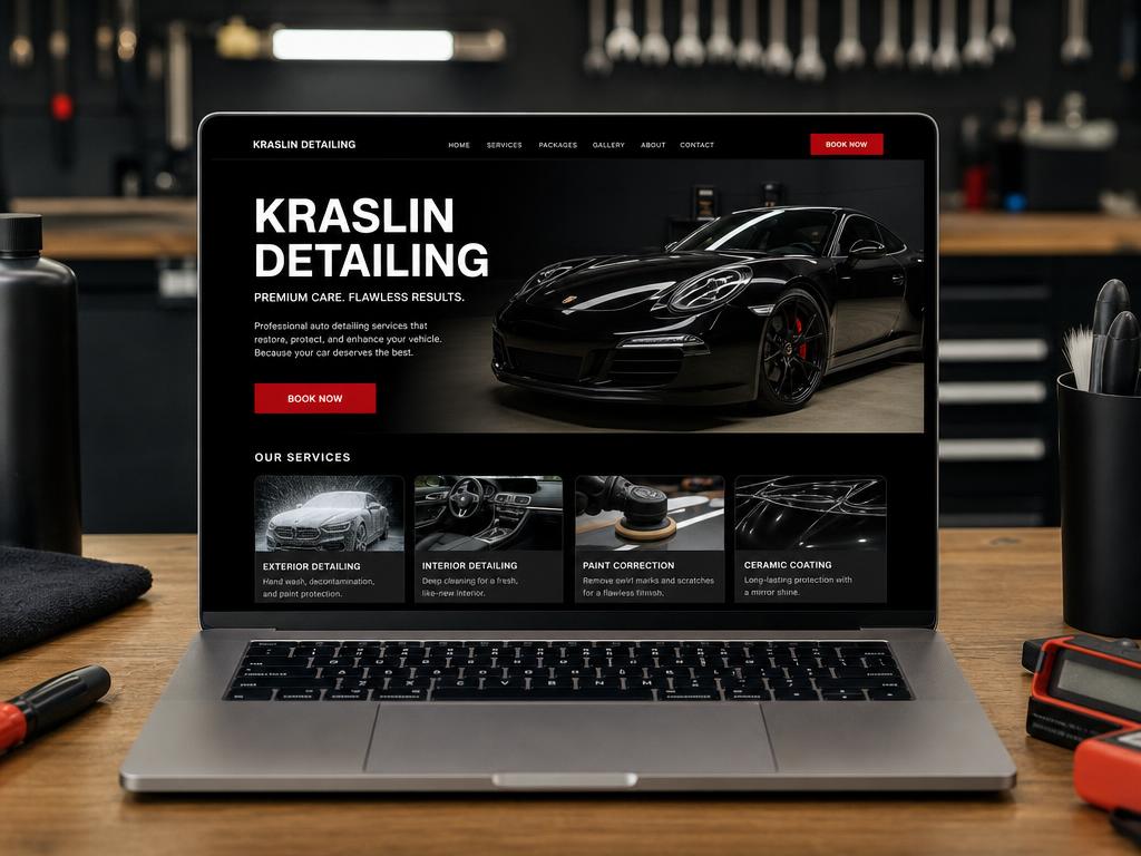 Laptop showing an auto detailing website concept
