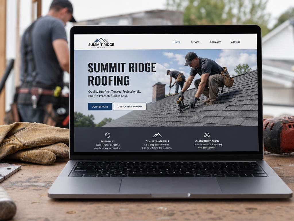 Laptop showing a roofing company website concept